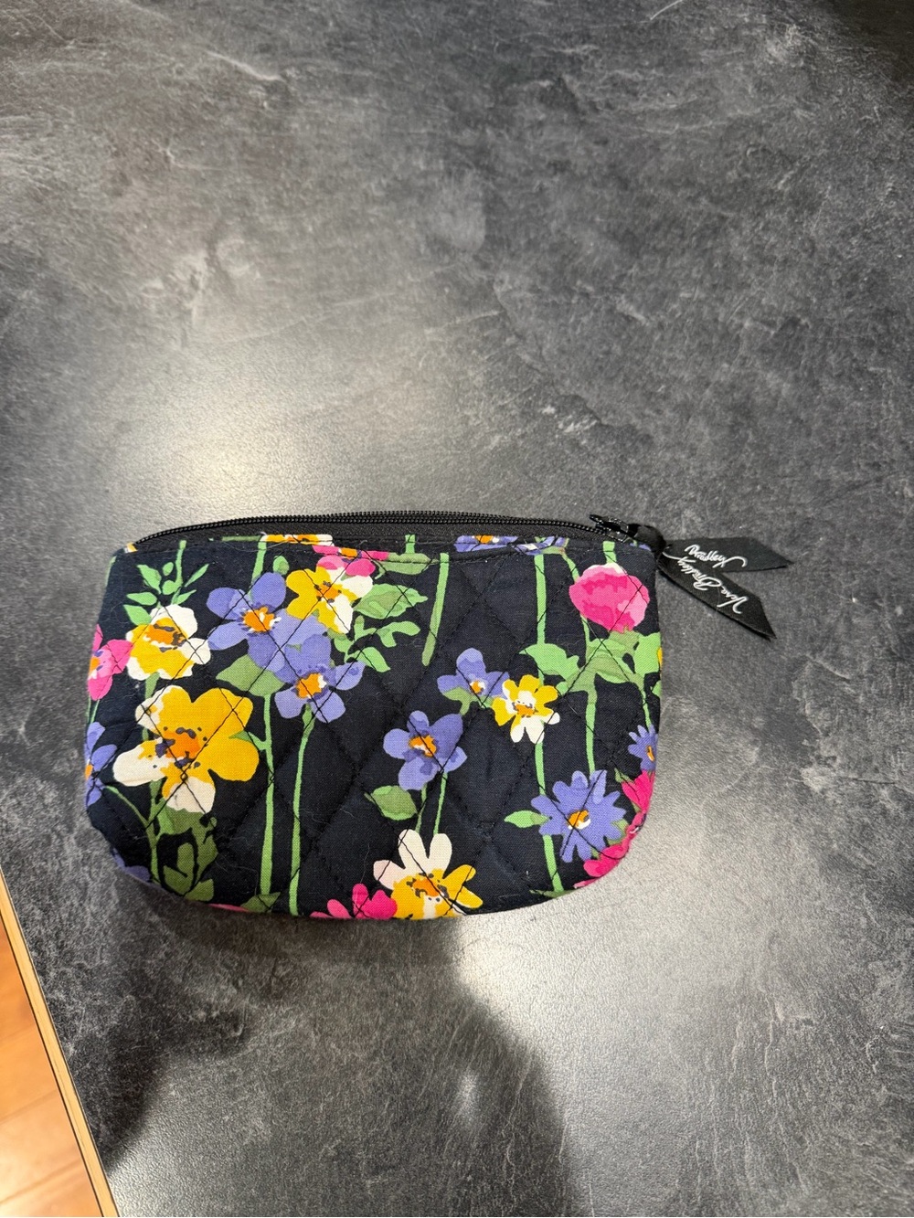 Vera Bradley Black Quilted Floral Cosmetic Pouch with Multicolor Flowers